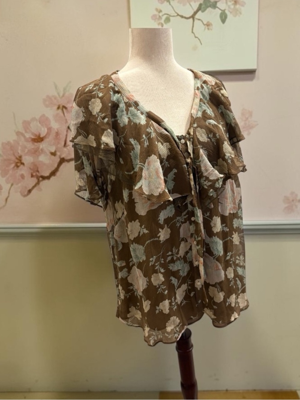 Lauren Ralph Lauren Brown Silk Floral Blouse with Pale Blue Accents LIKE NEW~ 1X